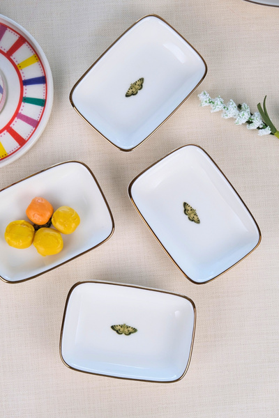 tabakevi Tabak Evi Porcelain Natura Butterfly Gold Gilded Rectangular Boat Plate 10X7X2Cm 4 Pcs