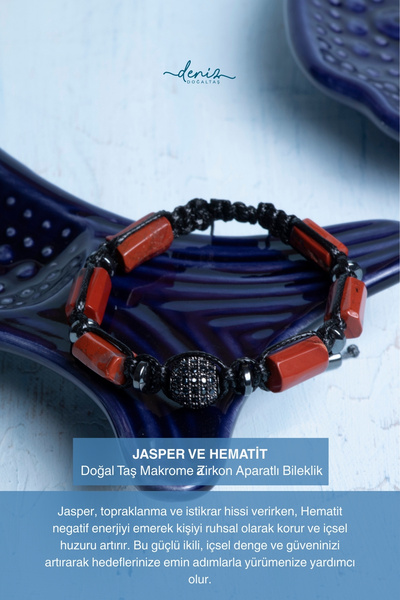 Deniz Doğal Taş Certified Jasper and Hematite Natural Stone Macrame Bracelet ...