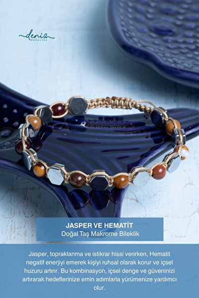 Deniz Doğal Taş Certified Jasper and Hematite Natural Stone Macrame Bracelet