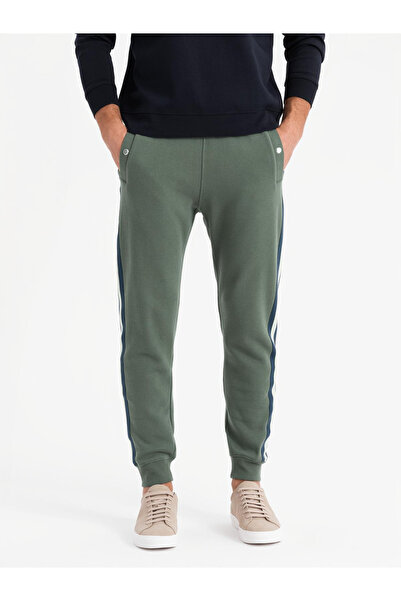OMBRE Pánské tepláky s lemováním a žebrováním nohavic - olivově zelené V2 OM-PASK-0258 S