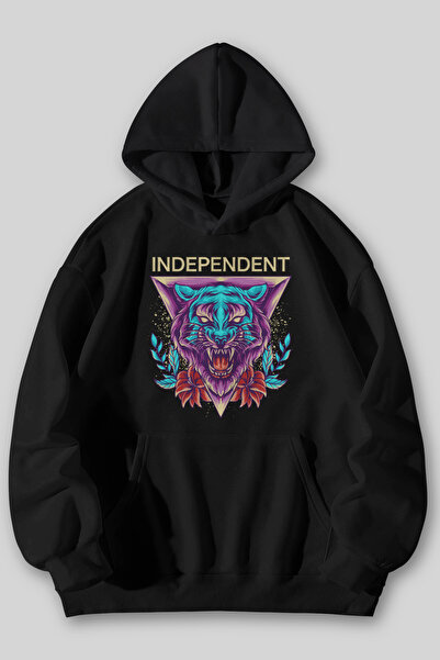 Harmandar Hanorac cu glugă unisex cu imprimeu Independent Tiger, negru, gri, cu buzunar cangur