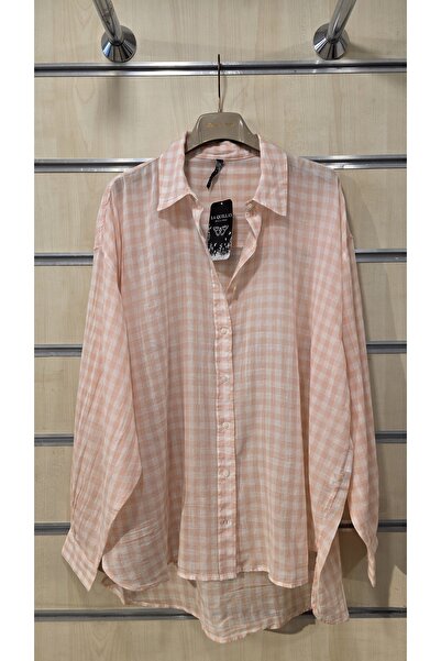 trendbysena Oversize Cotton Powder Checkered Women's Shirt