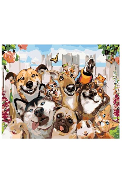 Painting by numbers Set pictura pe numere Selfie cu animale, panza bumbac pe rama lemn, 90x120 cm, 3 pensule si vopsea