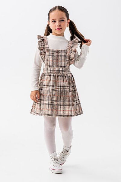 Cansın Mini Orange Girl's Plaid Patterned Salopet Set 22682
