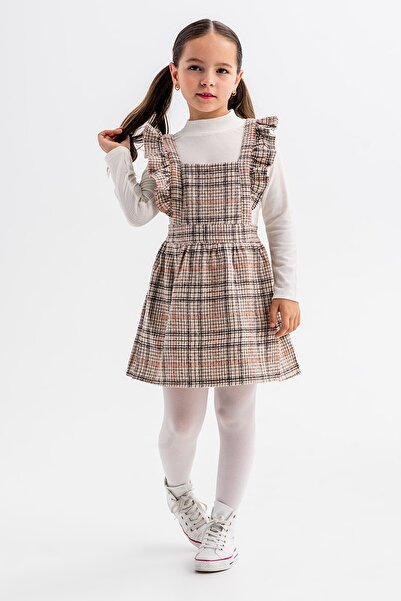 Cansın Mini Orange Girl's Plaid Patterned Salopet Set 22682