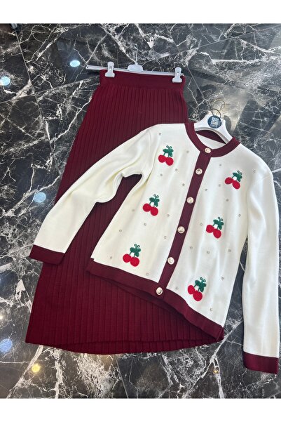 MY QILAM Γυναικείο Σετ Χιτζάμπ Πλεκτό Κεντημένο με Κεράσια Ζακέτα με Φούστα Σετ Μπορντό