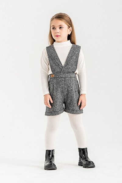 Cansın Mini Dark Gray Girl's Melange Cream Badili Salopet Suit 22695