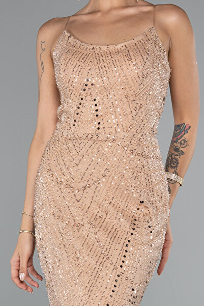 Abiyefon Gold Straplez Uzun Boncuklu Balık Abiye ABU5142