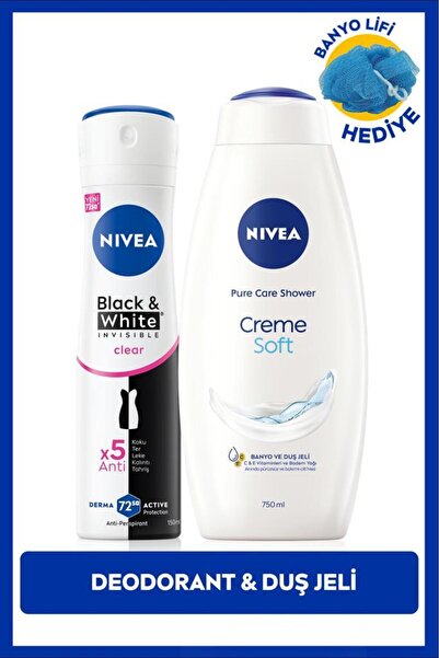 NIVEA Kadın Sprey Deodorant Black&White Invisible Clear 150ml ve Creme Soft Duş Jeli 750ml, Lif Hediyeli