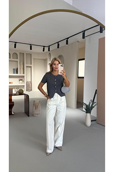 Sezgi Tekin Παντελόνι Palazzo εκρού με λεπτομέρεια από δαντέλα