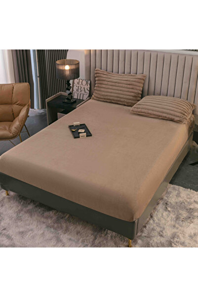 JOJO HOME Fluffy cocolino bedding set, thick striped pattern, with elastic, 2-person bed, 4 pieces, Brown