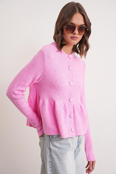 Mixray 6958 Women's Knitwear Peplum Cardigan Pink
