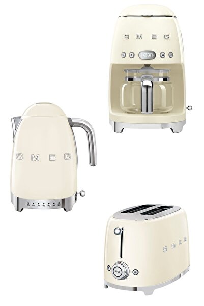 SMEG 50's Style Krem Isı Ayarlı Kettle - 1x2 Ekmek Kızartma Makinesi Ve Filtre Kahve Makine Seti