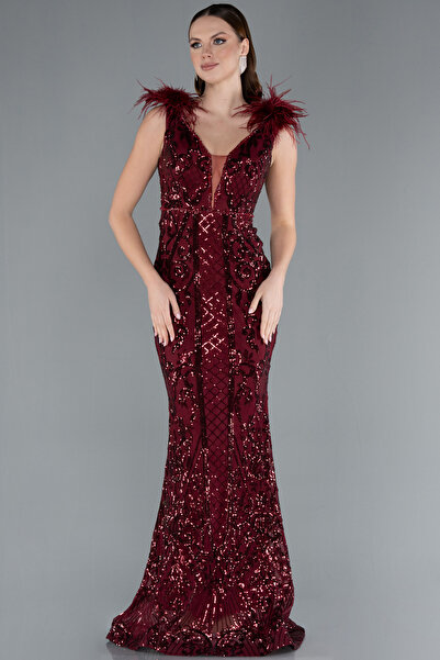 Abiyefon Bordo Kolsuz Otriş Detay Uzun Pullu Nişan Elbisesi ABU3669