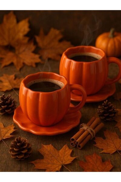 Viyalente Handmade 2 Pieces Ceramic Pumpkin Tea Coffee Cup Set with Saucer 250 ml Orange Mug Set
