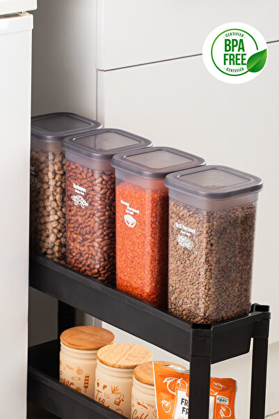 Porsima 432 Gr Set of 6 Labeled Square Flour Food Legume Storage Containers Set 1.90 Lt - Gray