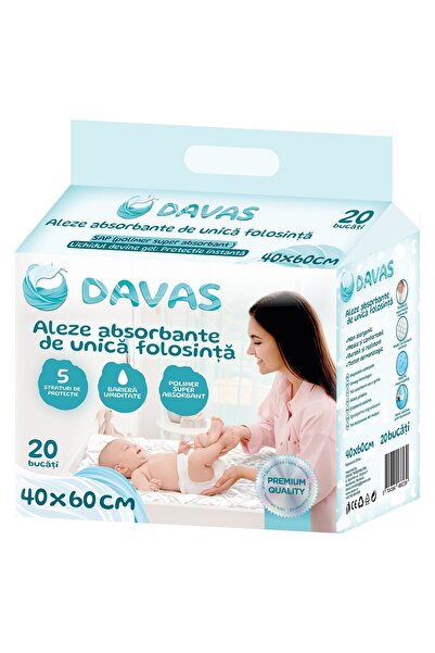Davas Set 20 bucati aleze absorbante de unica folosinta Davas, 40x60 cm, 5 straturi, cu benzi adezive