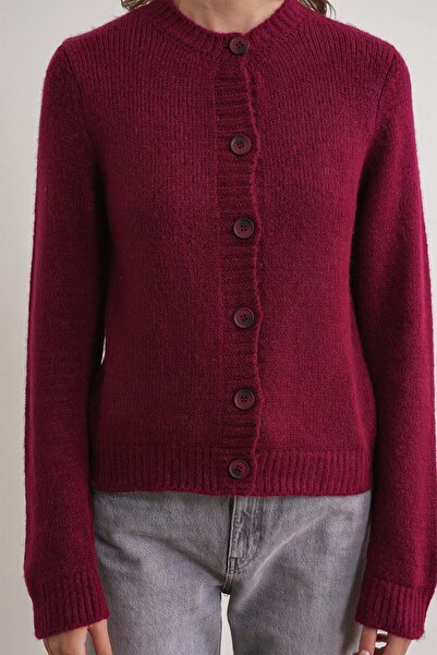 Mixray 6951 Γυναικεία πλεκτά με κουμπιά με λαιμόκοψη κοντή ζακέτα μπορντό