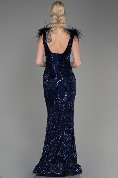 Abiyefon Lacivert Kolsuz Otriş Detay Uzun Pullu Nişan Elbisesi ABU3669