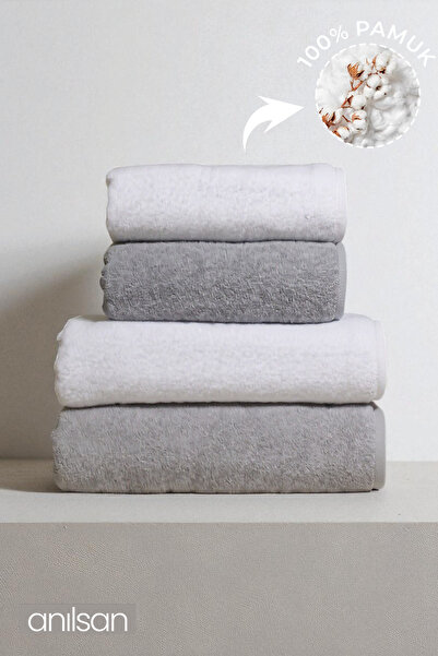 Anılsan 4'lü Gri-Beyaz Havlu Set %100 Pamuk - 2 Adet El Havlusu 50x90 ve 2 Adet Banyo Havlusu 70x140