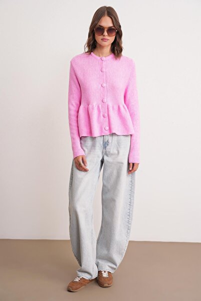 Mixray 6958 Women's Knitwear Peplum Cardigan Pink