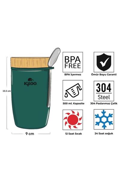 IGLOO Steel Food Thermos - - Bamboo - 500 ml - Green - 205789