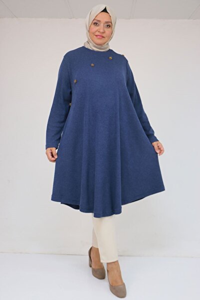 Eslina 58118 Plus Size Floral Detailed Mir Mevlana Tunic - Indigo