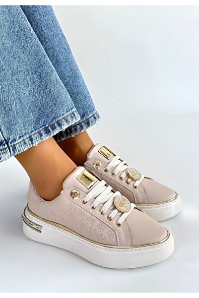 FTT SHOPPING MARKET Jlar Beige Leather Lace-Up Sneakers