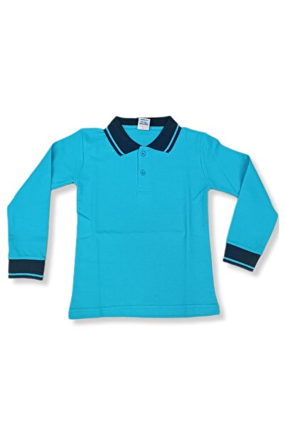 rednelax Navy Blue Collared Turquoise Long Sleeve 6-17 Years Old Children's School Lakos Sweat Polo Collar Solid Color