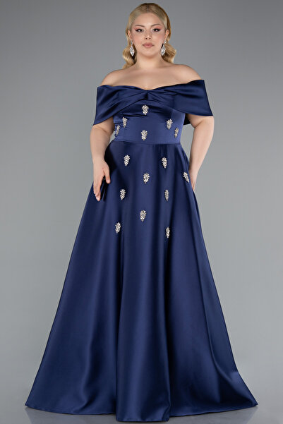 Abiyefon Lacivert Kayık Yaka Taşlı Uzun Saten Büyük Beden Abiye ABU4998