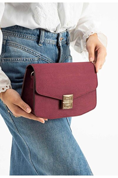 grand coco Women's Burgundy Suede Gold Buckle Shoulder Bag