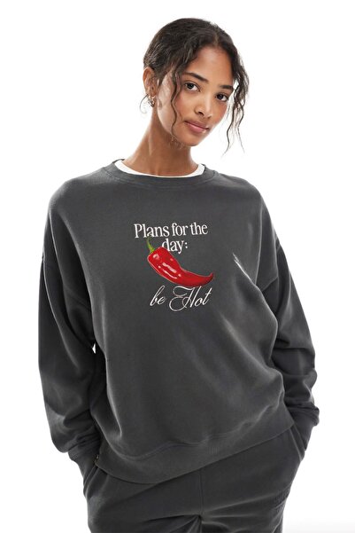 The Champ Clothing Hanorac oversized pentru femei Be Hot imprimat cărbune – Gât rotund, fleece cu 3 fire.