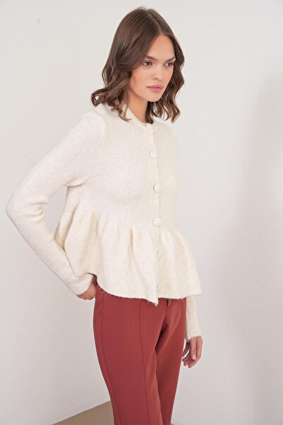 Mixray 6958 Women's Knitwear Peplum Cardigan Natural