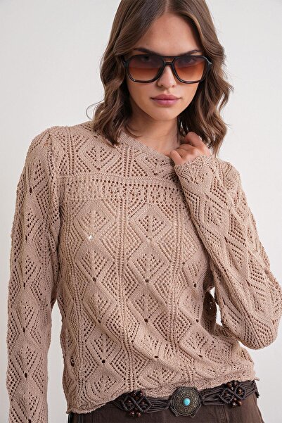 Mixray 6867 Kadın Kare Desen Ajurlu Triko Kazak Camel