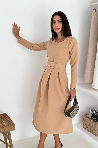 Neşeli Butik kadın kemerli midi boy uzun kollu elbise NBK067