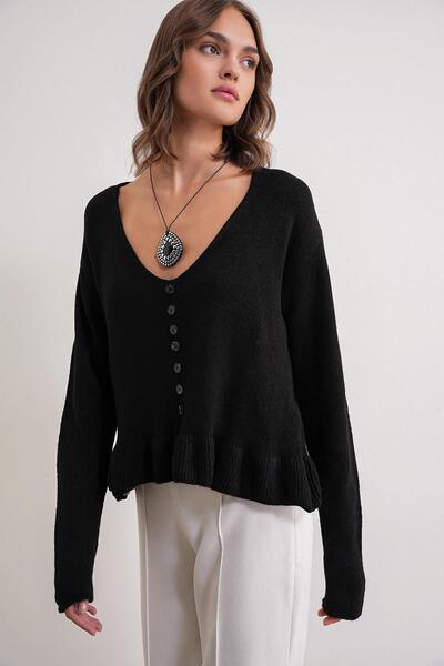 Mixray 6954 women's ruffle detailed v-neck knitwear sweater black