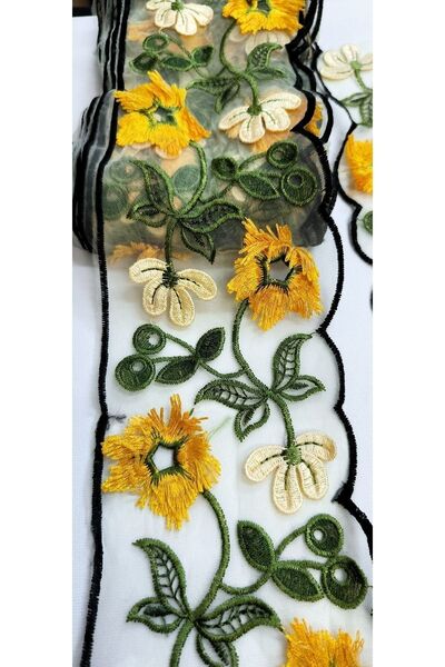 ALTAY AKSESUAR EMBROIDERED EDGE STRIP WITH YELLOW FLOWERS ON SPECIAL WHITE TULIP