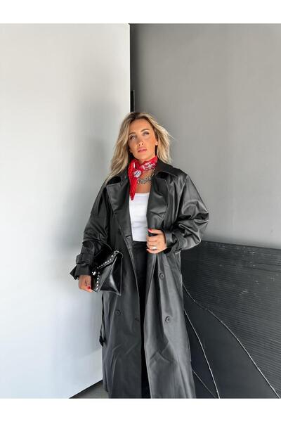 Zerrincan Giyim Siyah Manşetli Kemerli Deri Trençkot