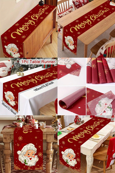 CANVELA Yılbaşı Masa Örtüsü Süsleme 180x35 Cm Noel Baba ve Yılbaşı Ağacı Desenli Polyester Masa Runner