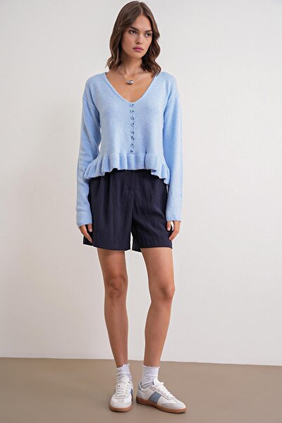 Mixray 6954 women's ruffle detailed v-neck knitwear sweater baby blue