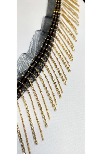 ALTAY AKSESUAR Özel Siyah Tüllü Gold Kristal Taşlı Gold Top Zincirli Saçak Şerit