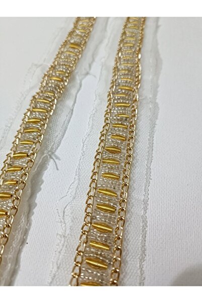 ALTAY AKSESUAR White Tulle Bead Embroidered Gold Chain Ribbon