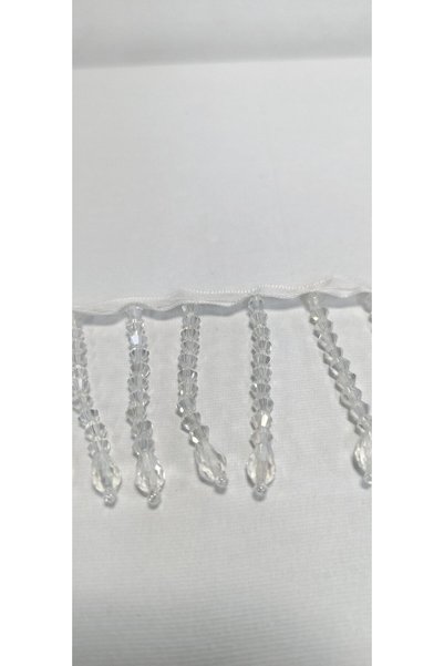 ALTAY AKSESUAR Beyaz Saten Üzerine Şeffaf Boncuklu Saçak Şerit ( 5.5 Cm )