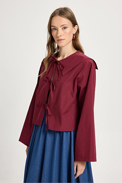 minaaise Bluză de damă din țesătură poplin burgundă cu detaliu de guler cu cr...