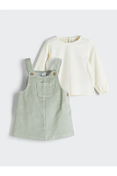 LC Waikiki Baby Green Crew Neck Cotton Velvet Baby Girl Blouse and Salopet 2 Piece Set
