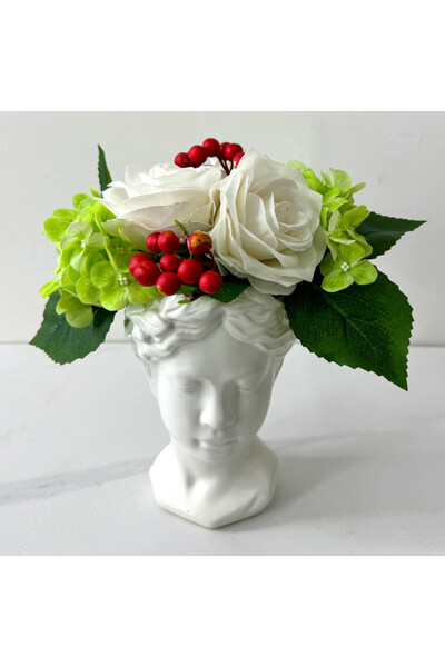 velve Venus Adonis vase with handmade floral arrangement included 20cm, roses, hydrangeas and cranberries, White