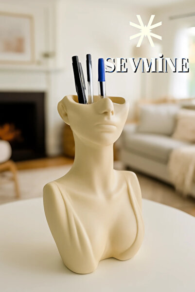 SEVMİNE 19 Cm Krem Kadın Büst Bohem Dekoratif İskandinav Obje Hediyelik (Vazo / Kalemlik)