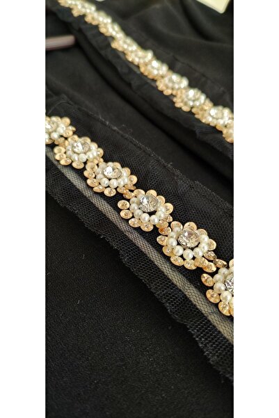 ALTAY AKSESUAR شريط من التول الأسود المطرز باللؤلؤ على شكل زهرة