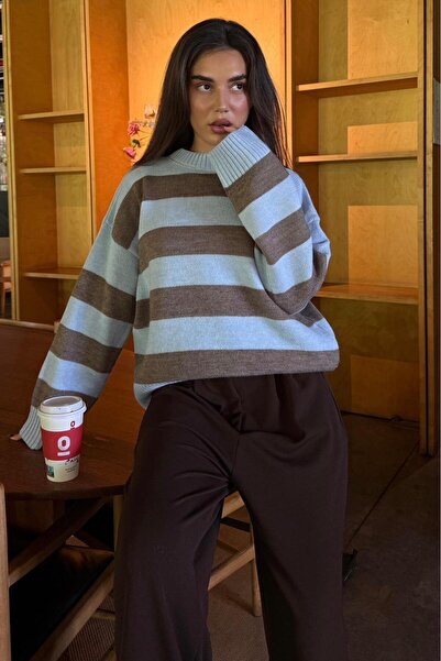 Madmext Camel Crew Neck Striped Oversize Knit Sweater Mg1972