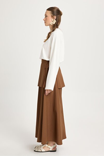 minaaise Women's Brown Belted Poplin Long Skirt 30021